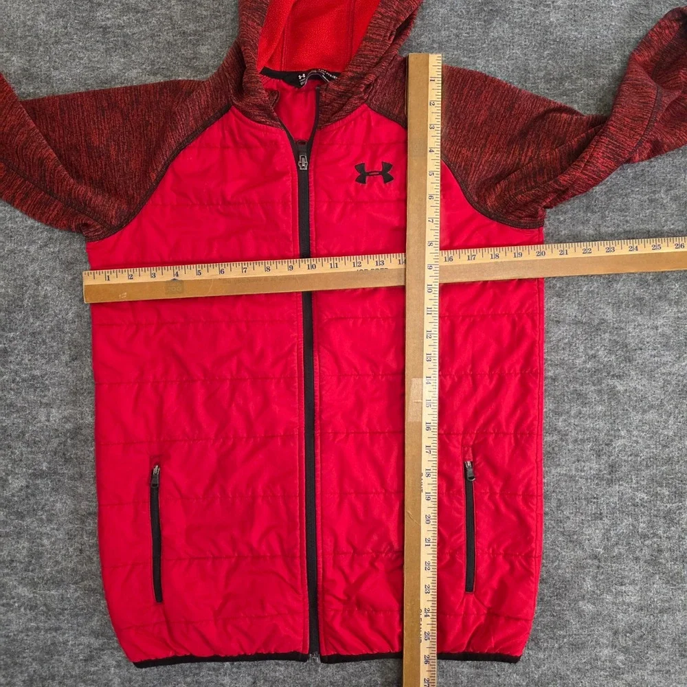 Under Armour Kids Puffer Hooded Jacket Red Black Full Zip‎ ColdGear Size YXL
